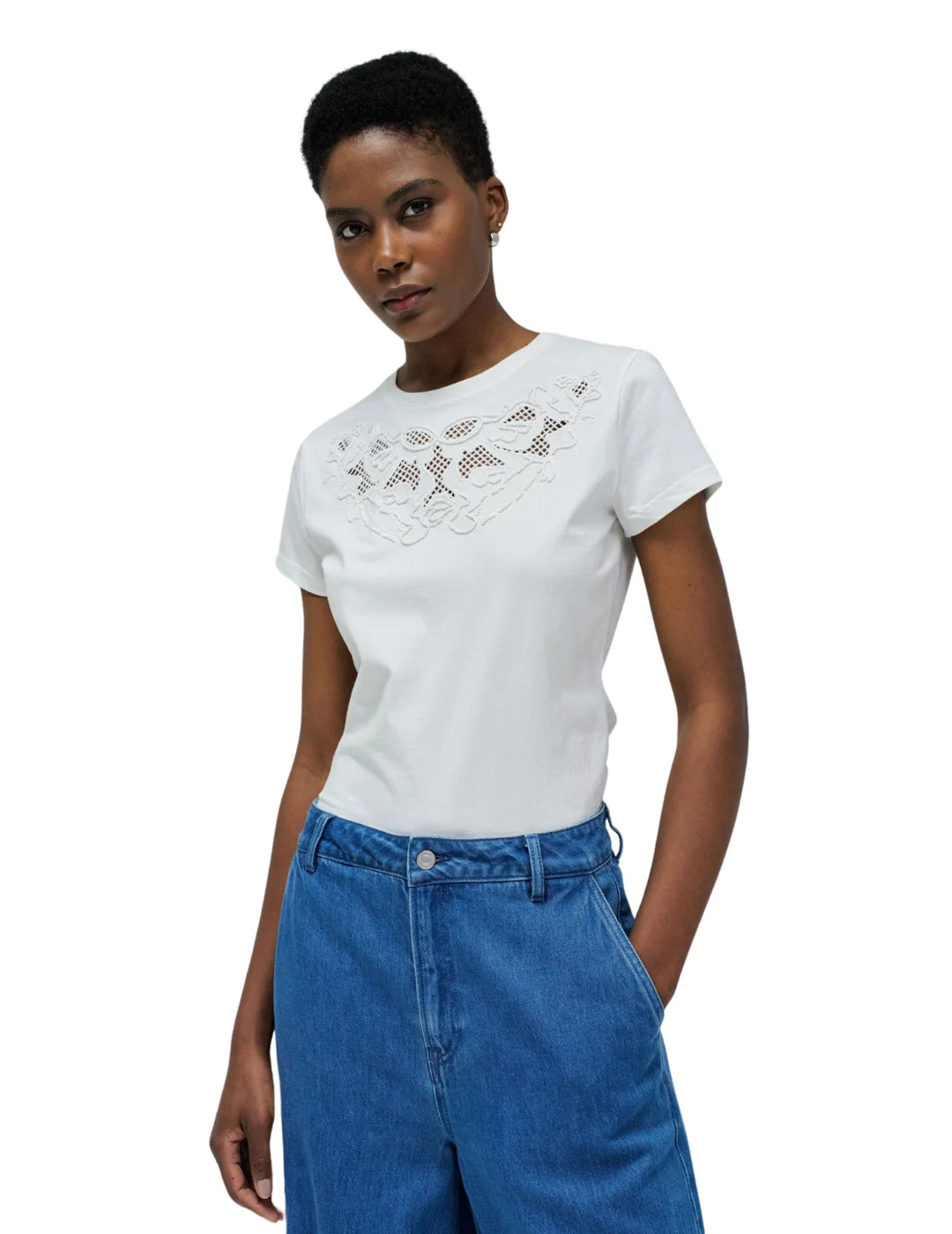 Camiseta Bordado Lentejuelas Salsa Jeans Blanco | Bicos de Fío
