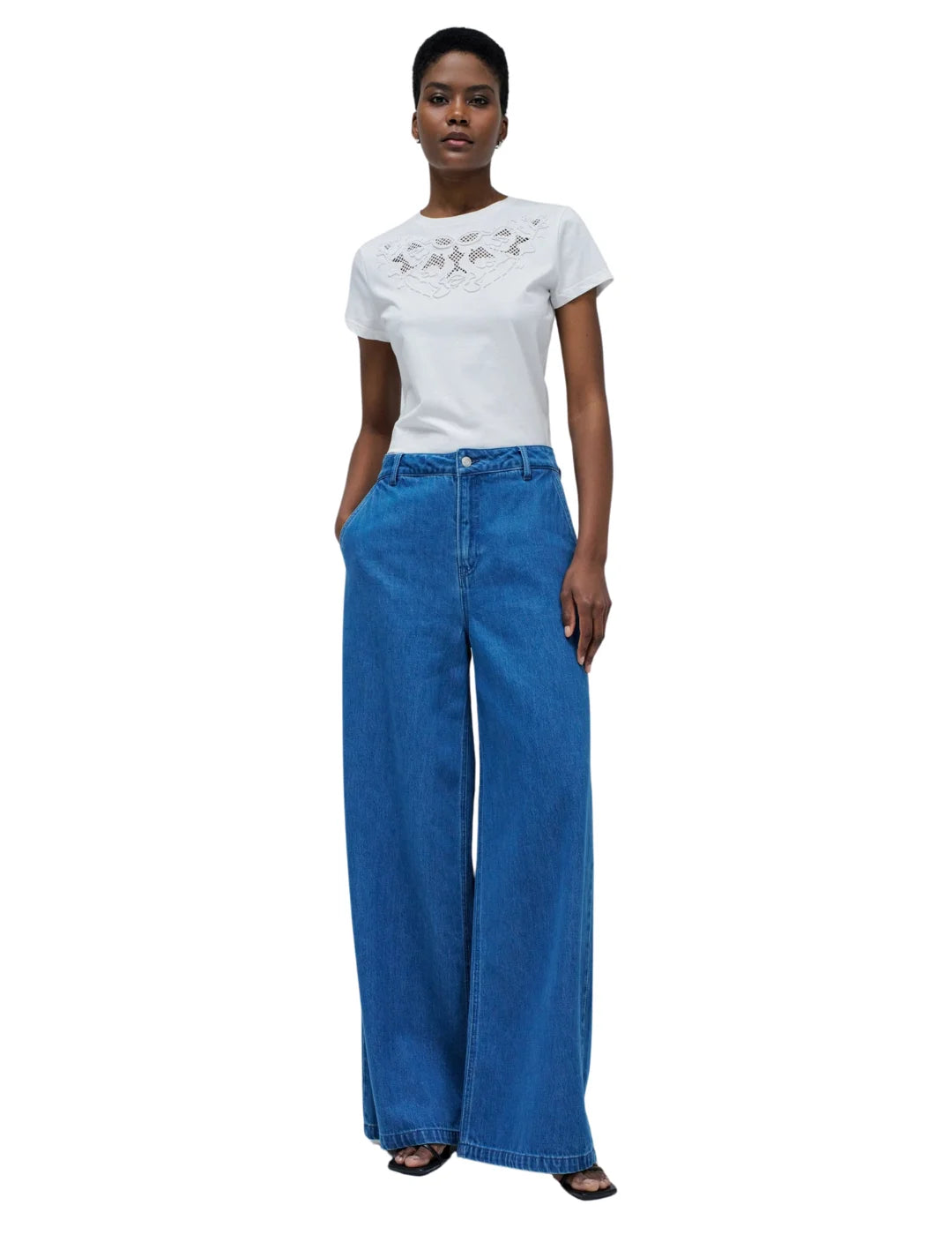Camiseta Bordado Lentejuelas Salsa Jeans Blanco | Bicos de Fío