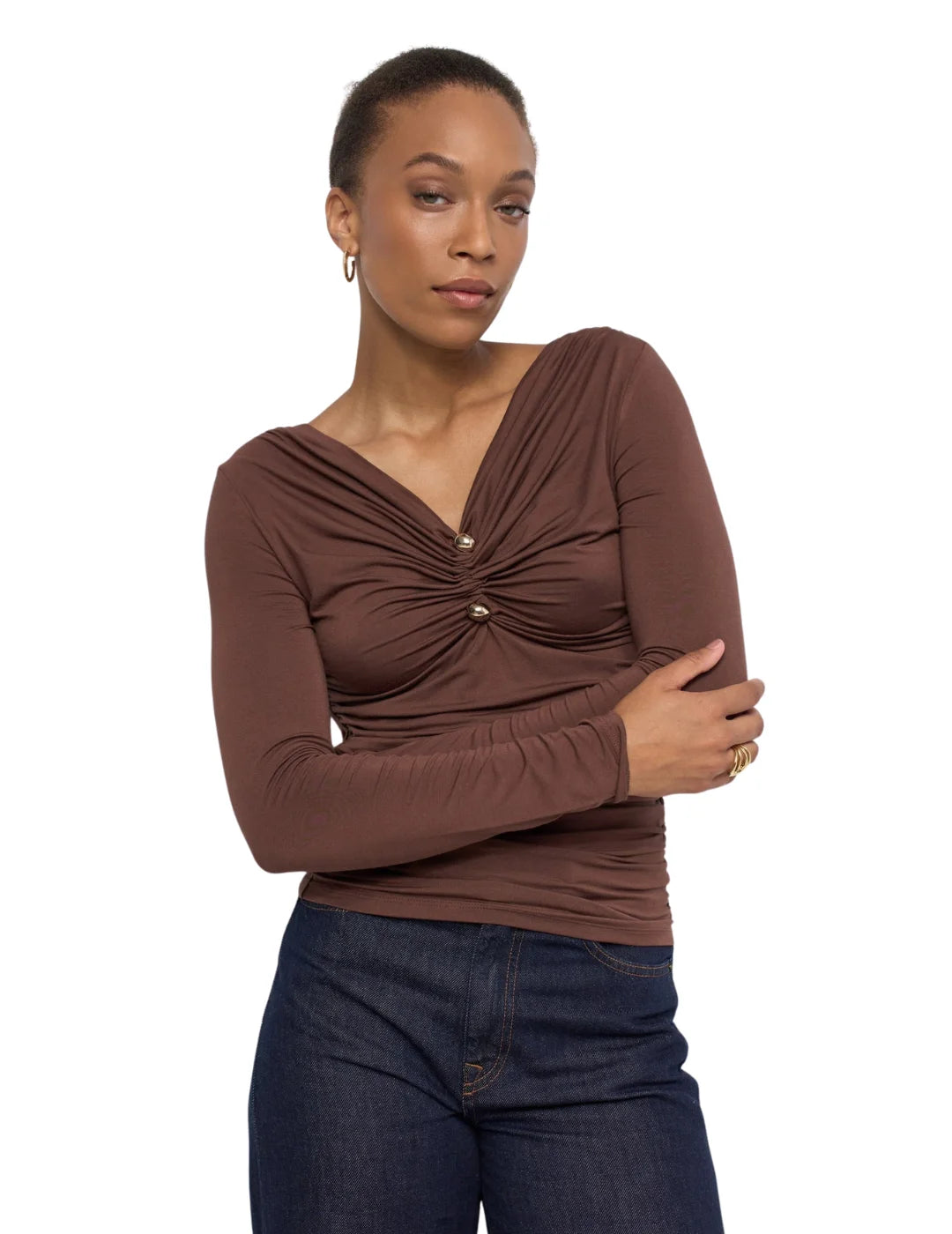 Camiseta Escote Fruncido Salsa Jeans Marrón | Bicos de Fío