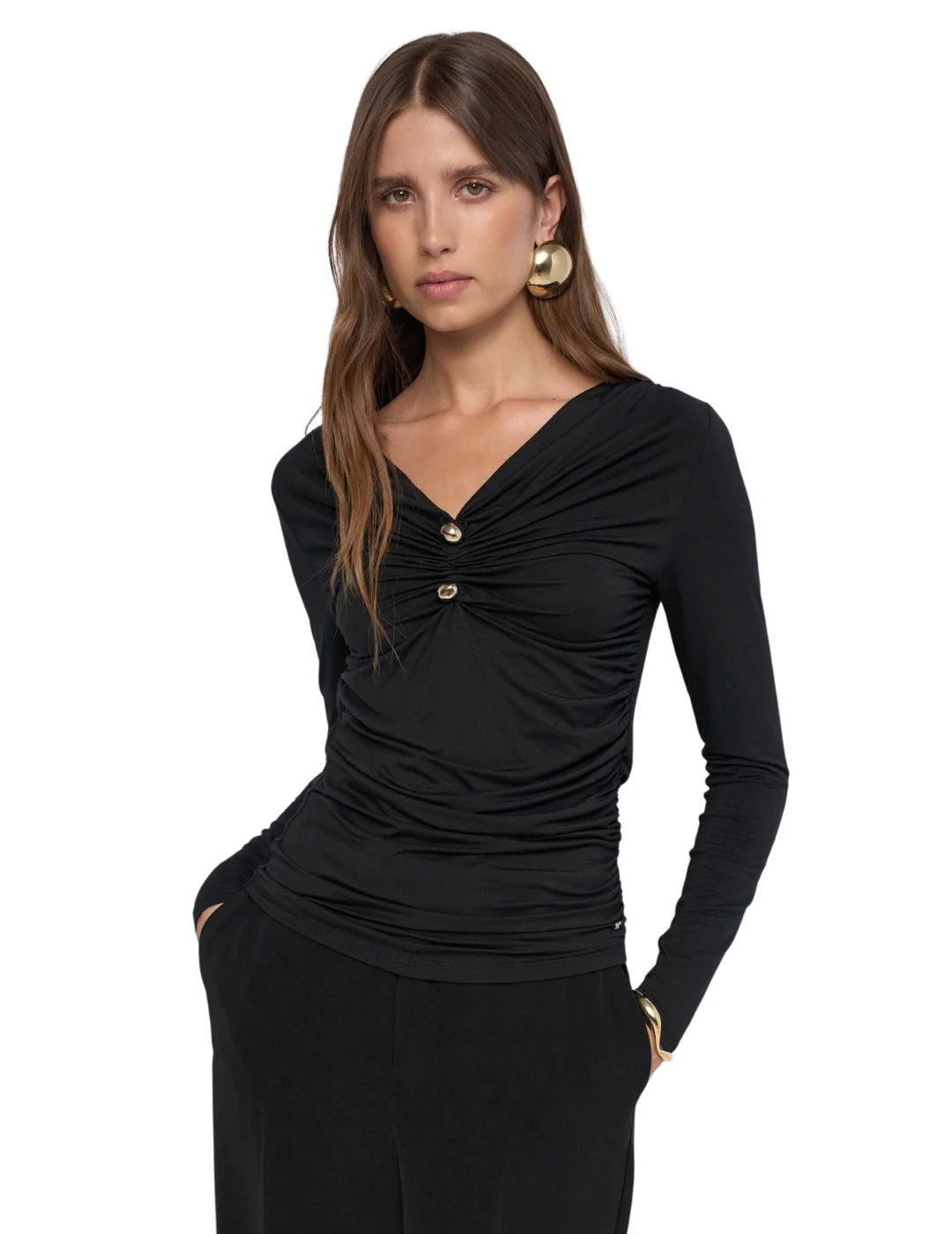 Camiseta Escote Fruncido Salsa Jeans Negro | Bicos de Fío