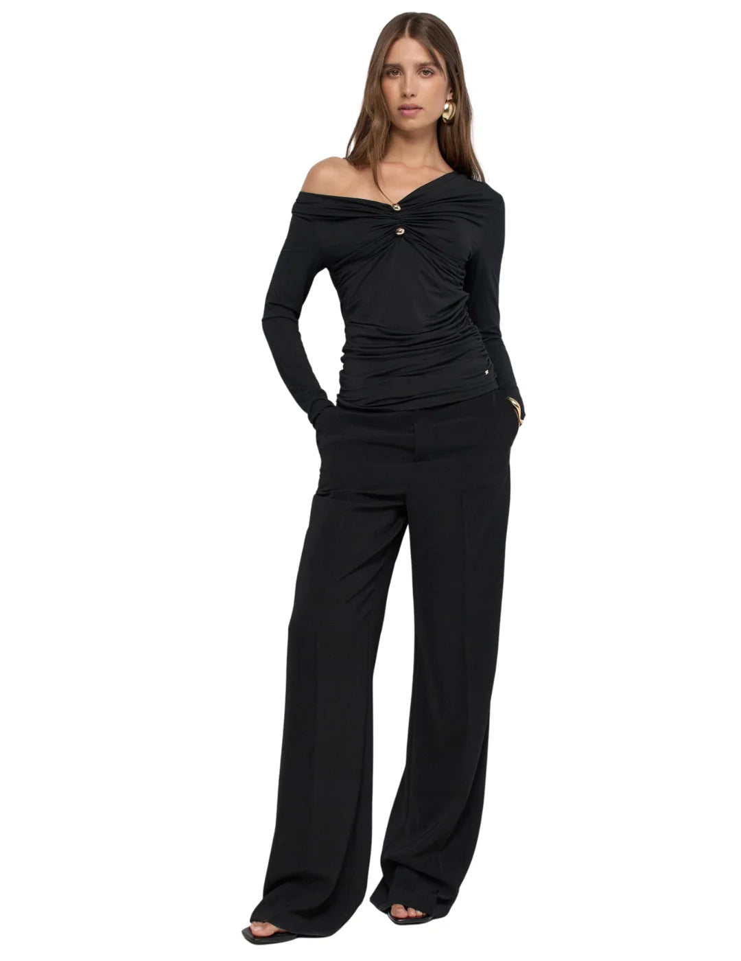 Camiseta Escote Fruncido Salsa Jeans Negro | Bicos de Fío