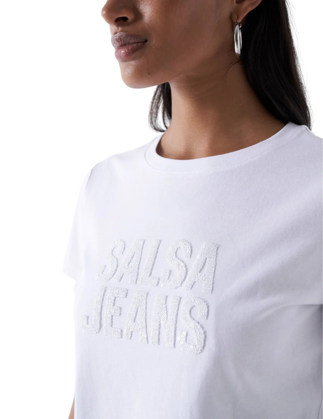 Camiseta Logo Cuentas Salsa Jeans Blanco | Bicos de Fío