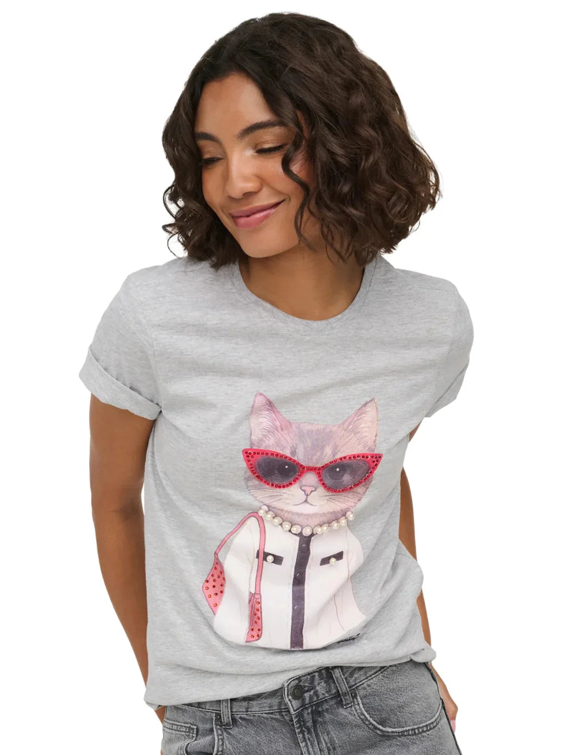 Camiseta ONLY Baria Cat Good Feeling Gris | Bicos de Fío