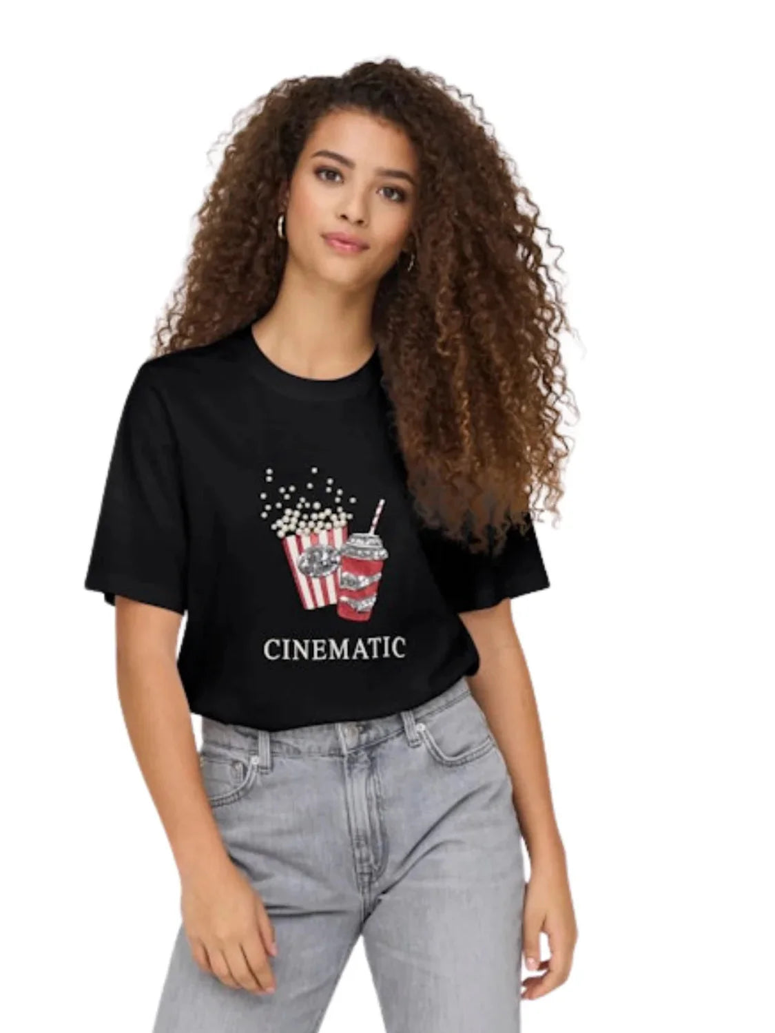 Camiseta ONLY Burst Popcorn Cinematic Negro | Bicos de Fío