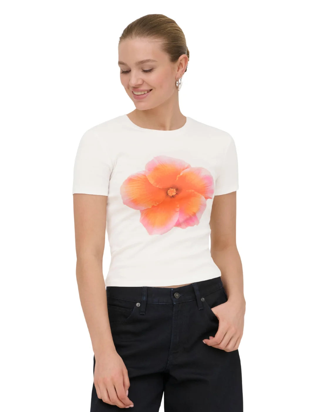Camiseta ONLY Princess Orange Flower Blanco | Bicos de Fío