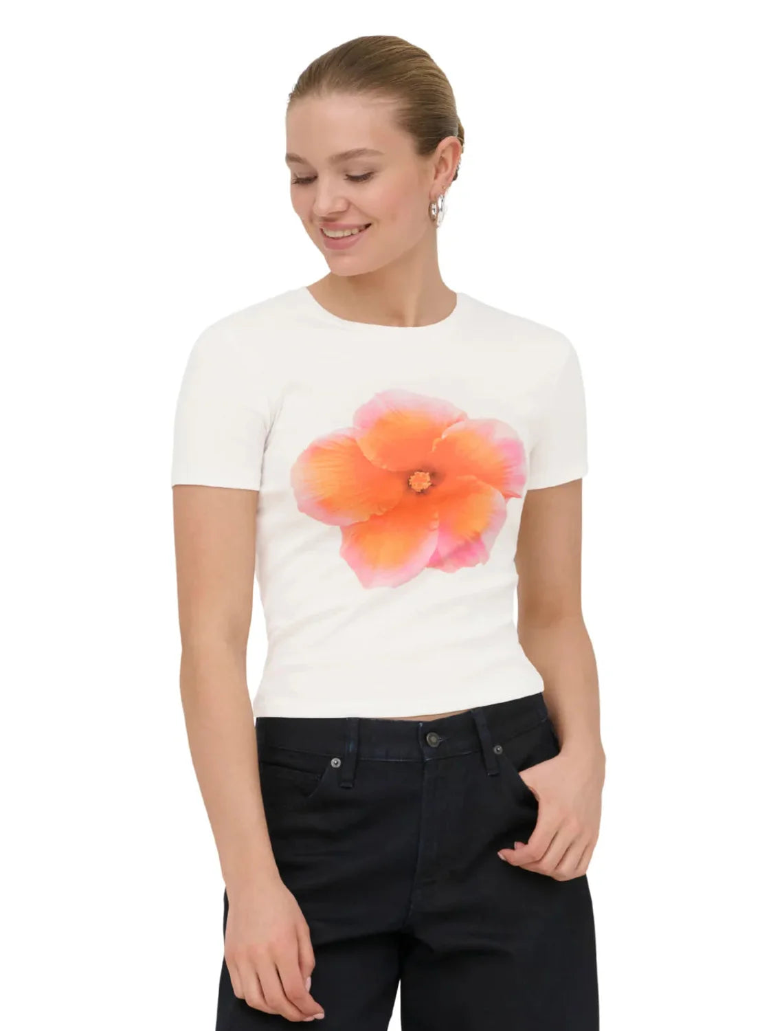 Camiseta ONLY Princess Orange Flower Blanco | Bicos de Fío