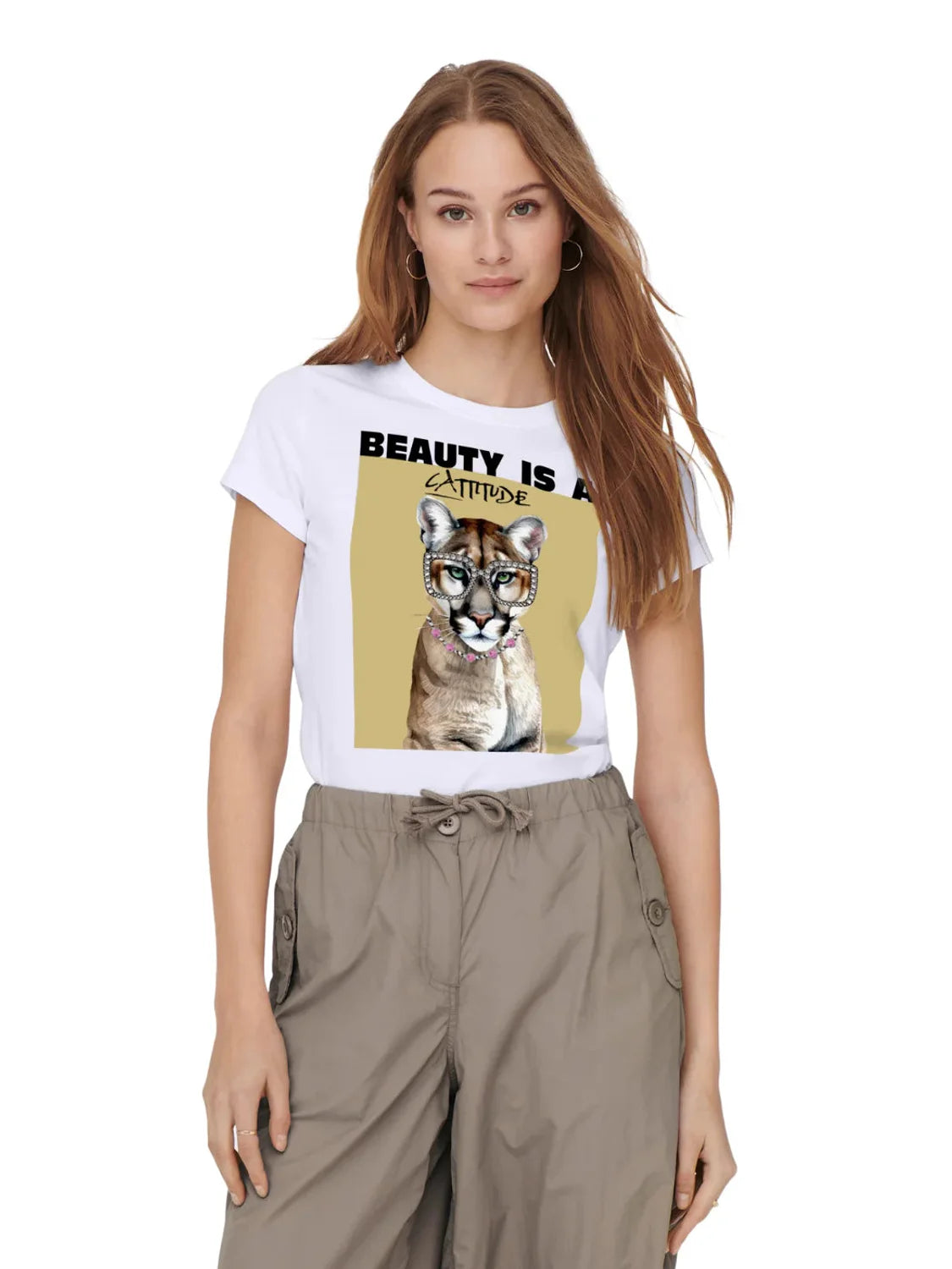 Camiseta ONLY Vibe Cattitude Blanco | Bicos de Fío
