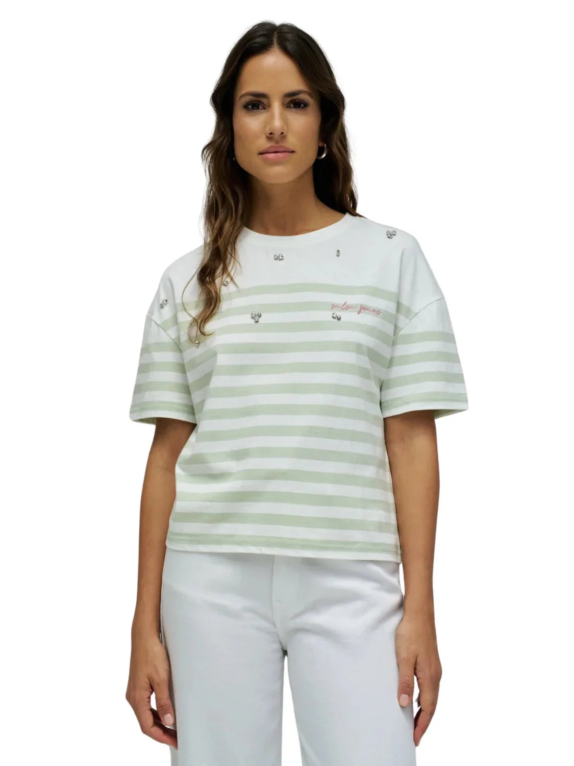Camiseta Rayas Verdes Salsa Jeans Blanco | Bicos de Fío