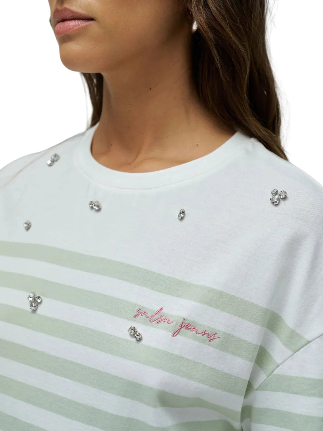 Camiseta Rayas Verdes Salsa Jeans Blanco | Bicos de Fío