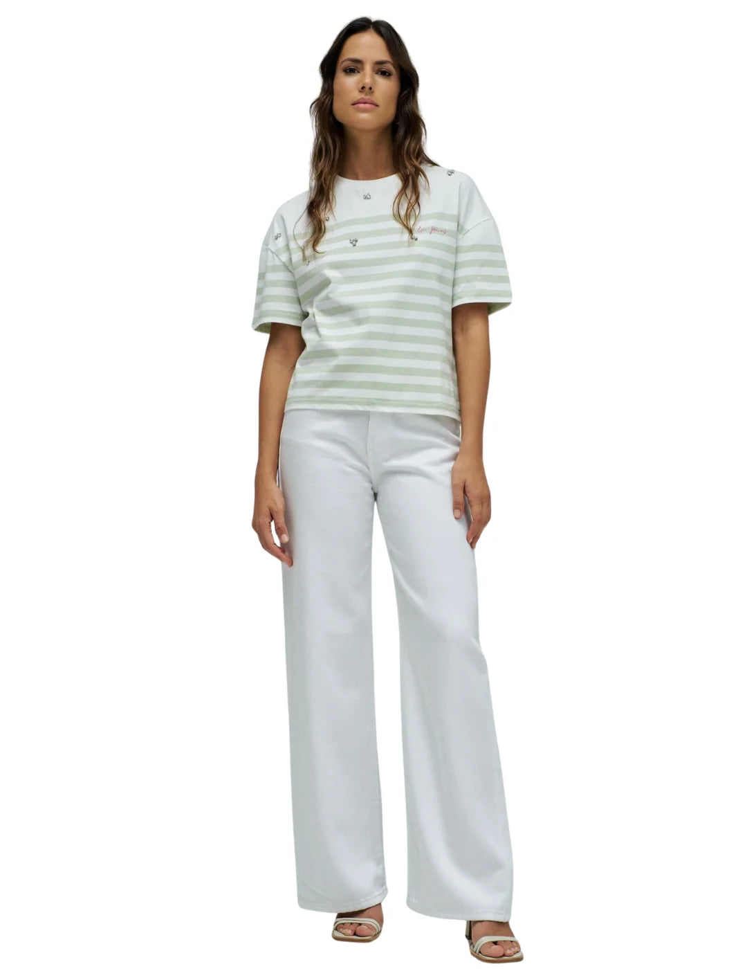 Camiseta Rayas Verdes Salsa Jeans Blanco | Bicos de Fío