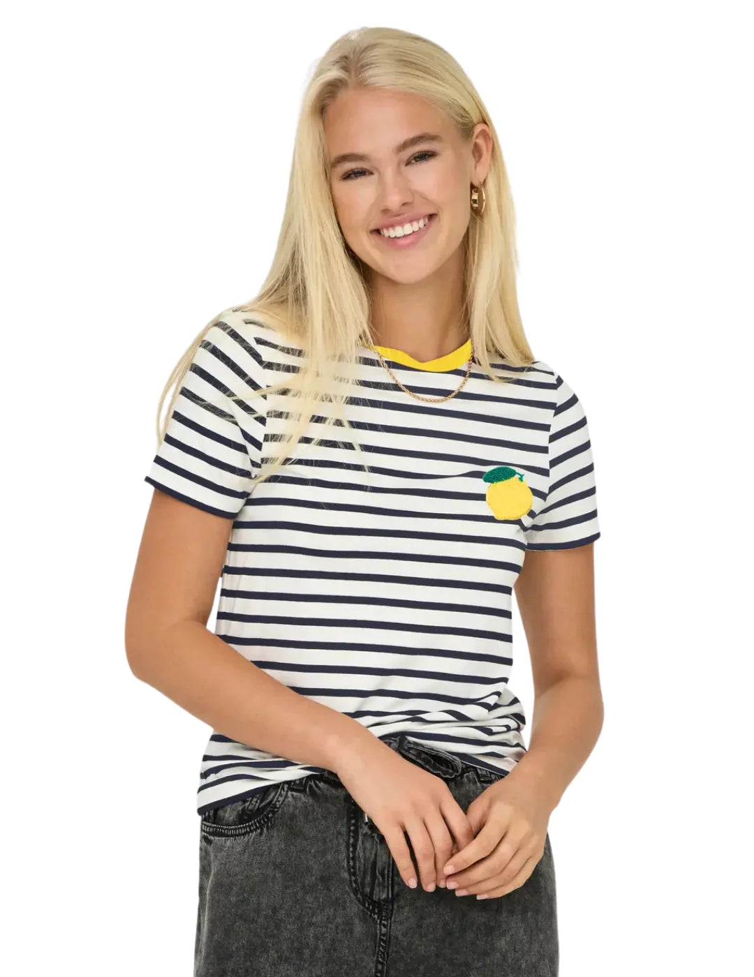 Camiseta Rayas ONLY Heart Lemon Azul Marino | Bicos de Fío