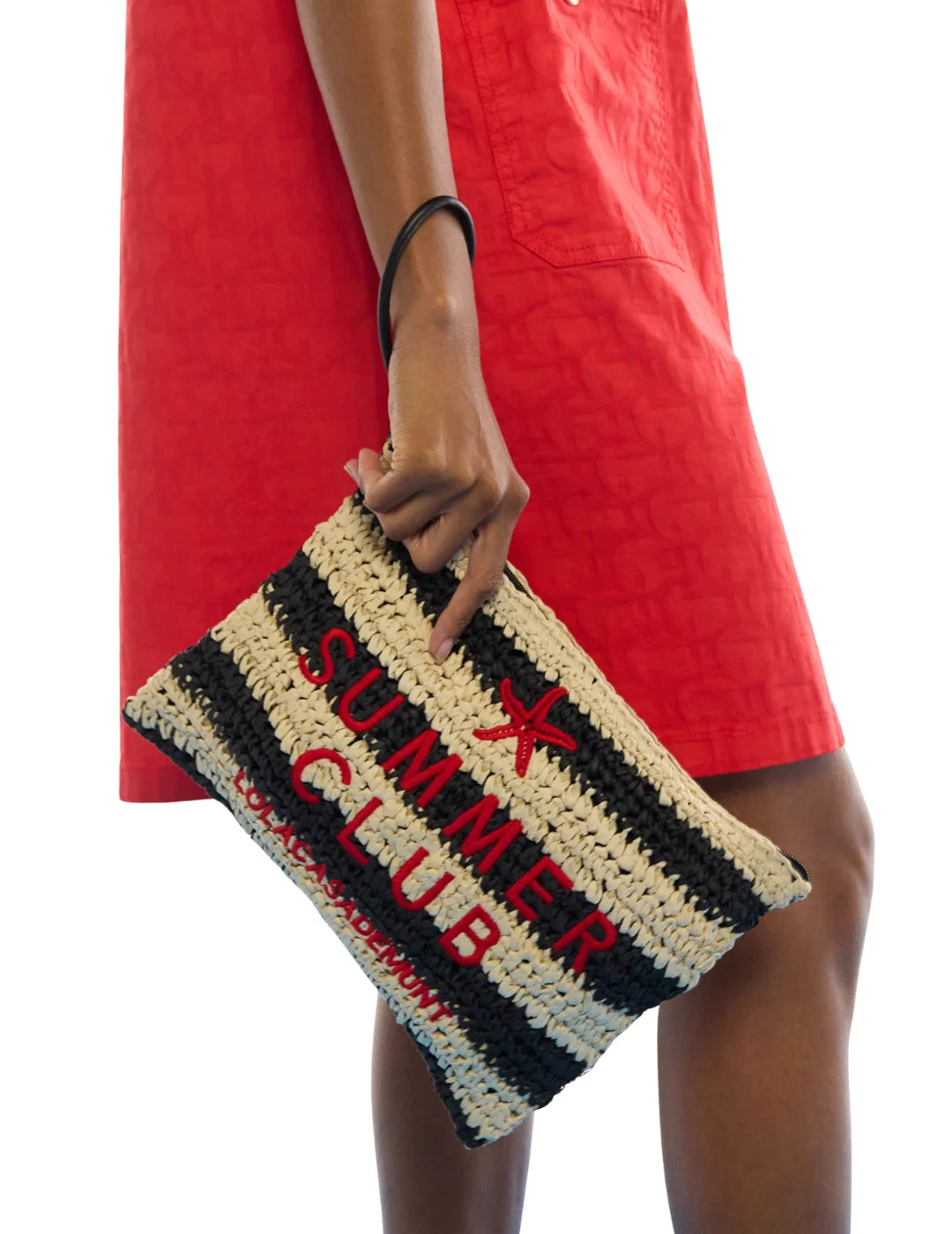 Cartera Rafia Lola Casademunt Rayas Bordado Negro | Bicos de Fío