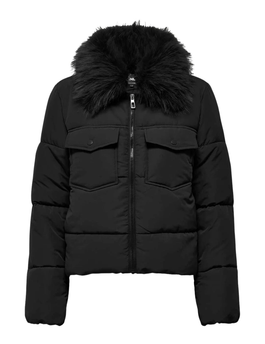 Chaqueta Acolchada Cuello Pelo Only Onlmaggi Negro Bicos de Fío