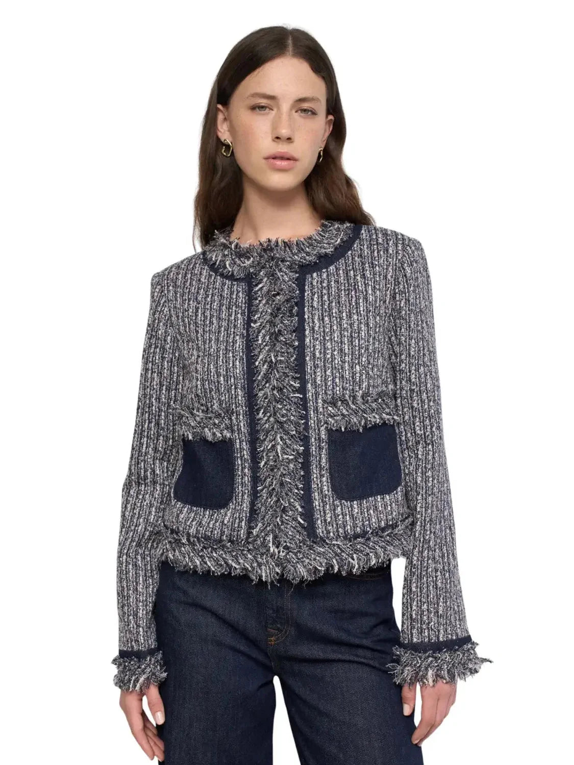 Chaqueta Tweed Salsa Jeans Flecos Azul | Bicos de Fío