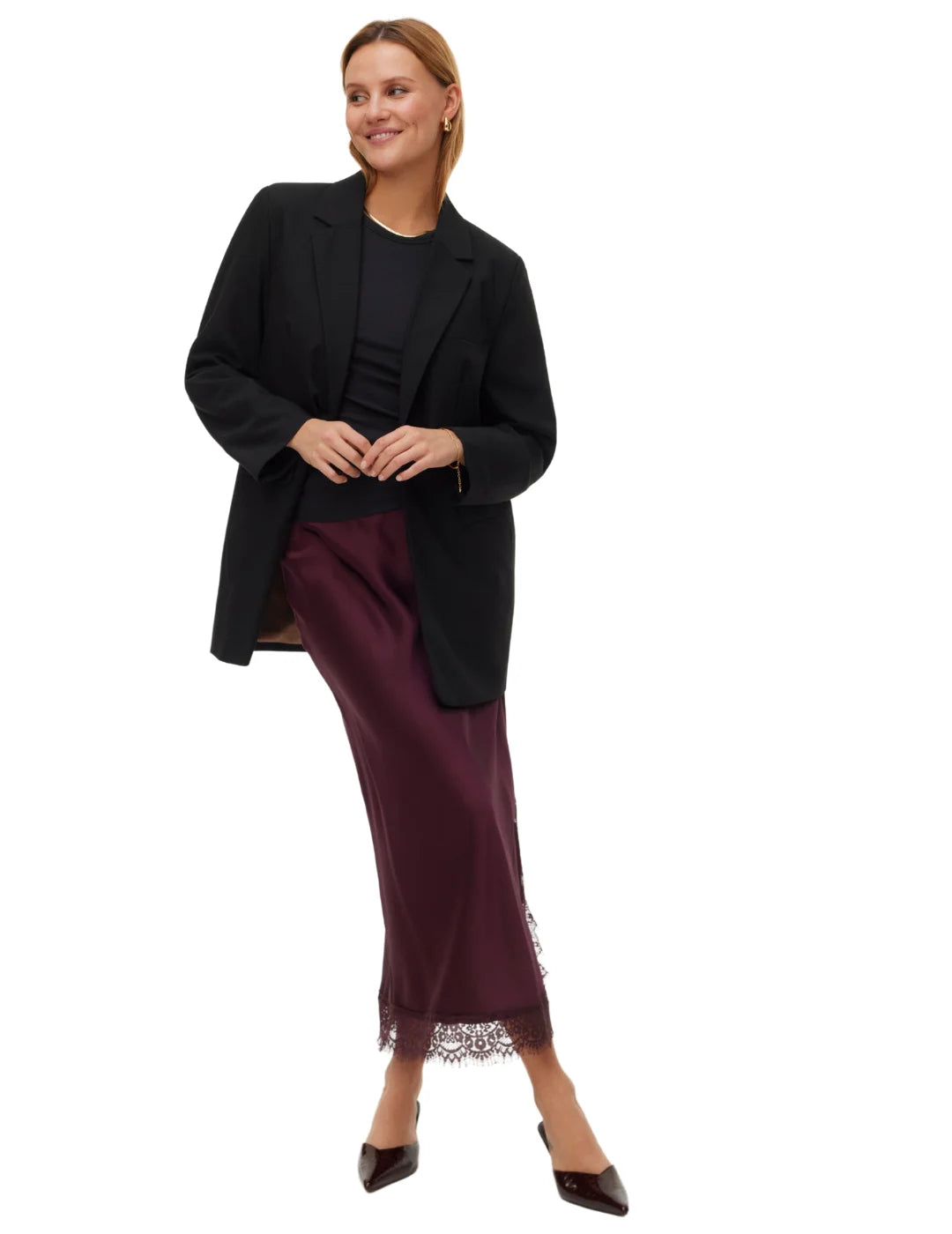 Falda Satinada Larga Vero Moda Hasley Vino Tinto | Bicos de Fío