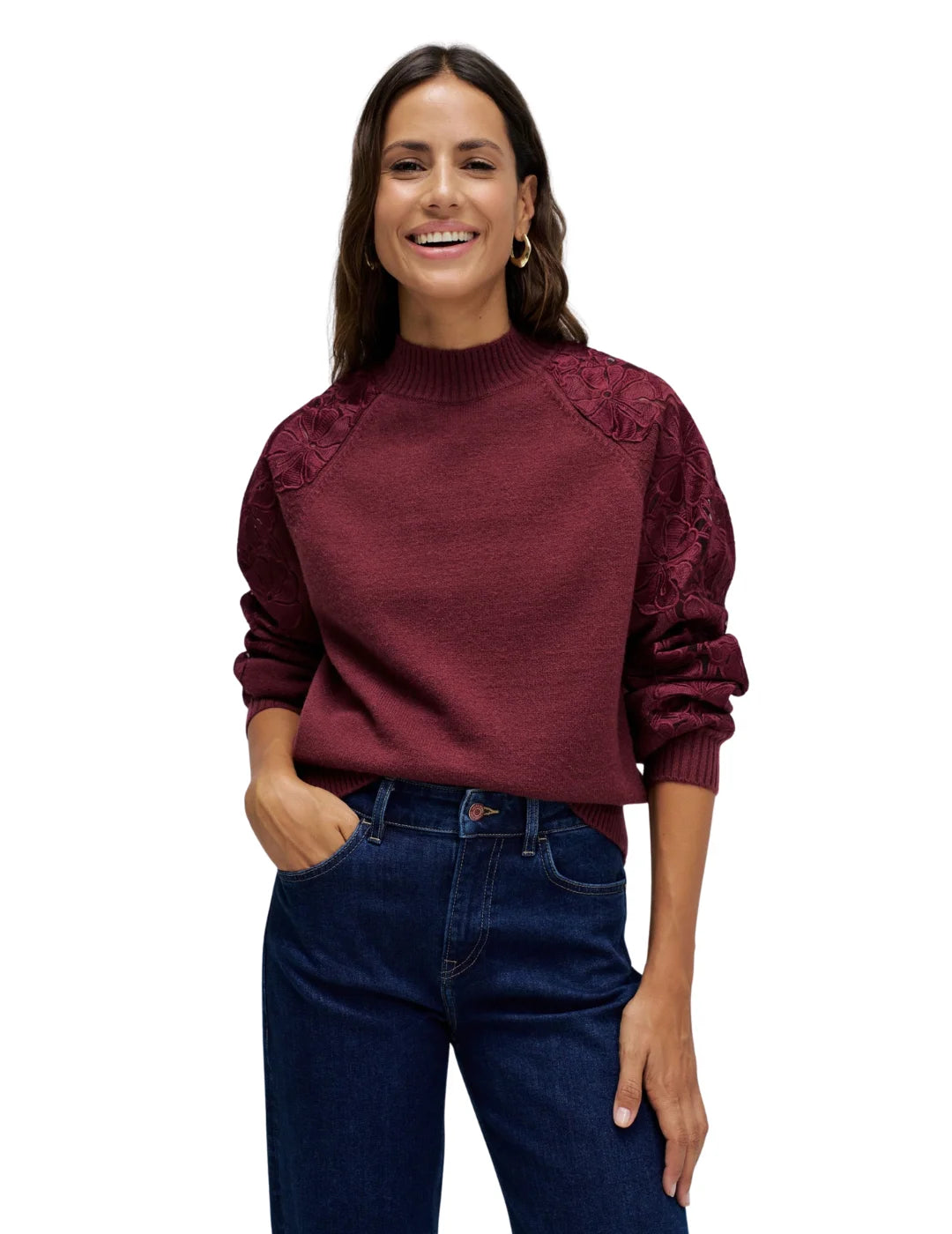 Jersey Punto Encaje Salsa Jeans Burdeos | Bicos de Fío