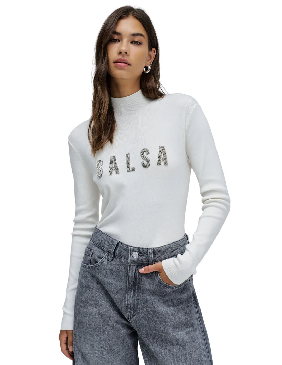 Jersey Cuello Alto Logo Salsa Jeans Blanco | Bicos de Fío