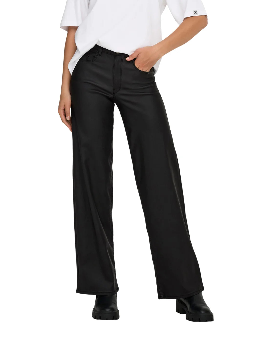 Pantalón Ancho Polipiel ONLY Alida Negro | Bicos de Fío