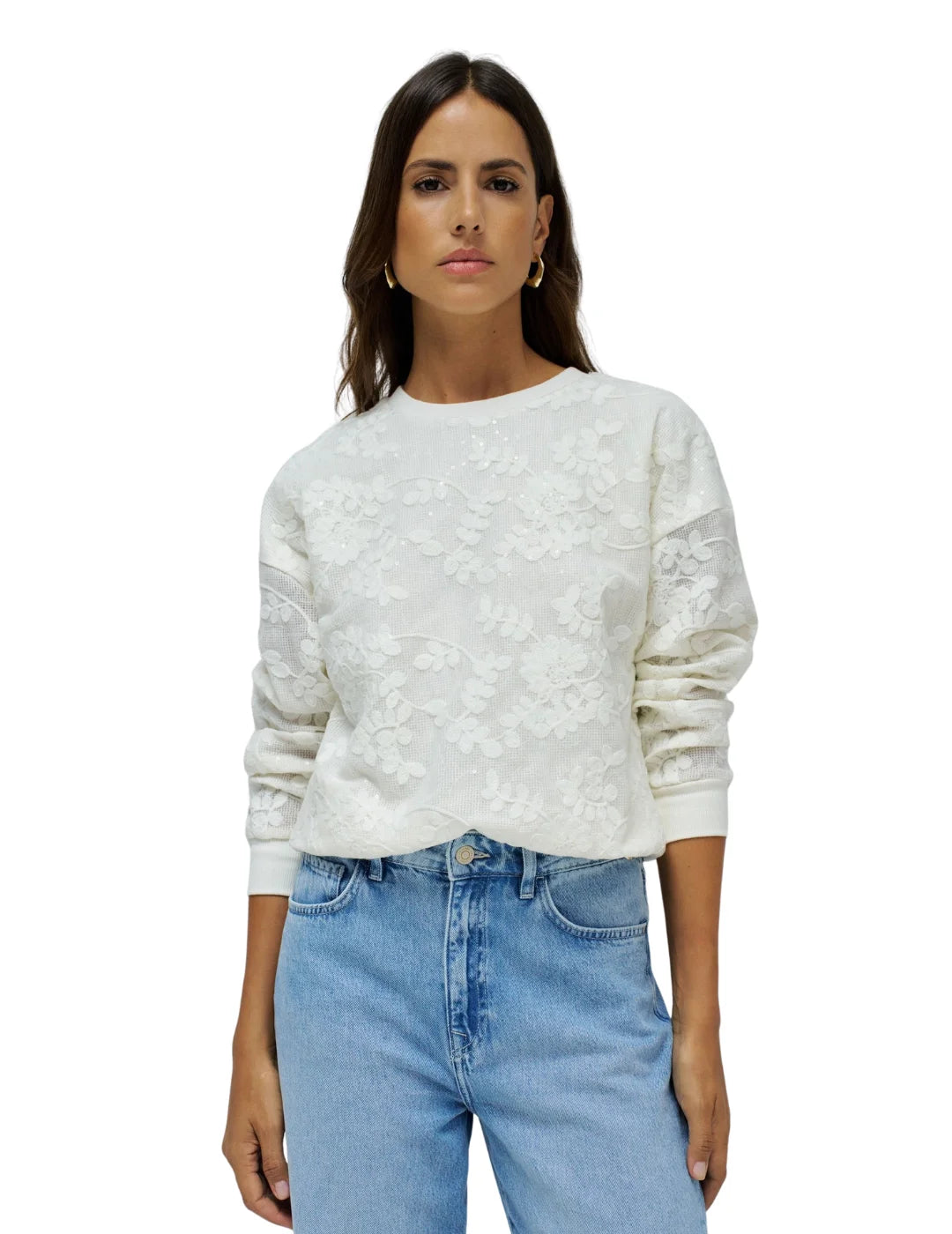 Sudadera Salsa Jeans Bordados Florales Crudo | Bicos de Fío