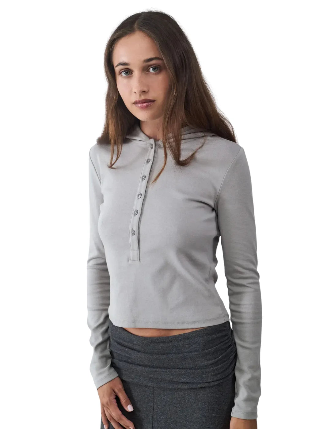 Sudadera Crop Capucha Botones BALMOHK Gris | Bicos de Fío