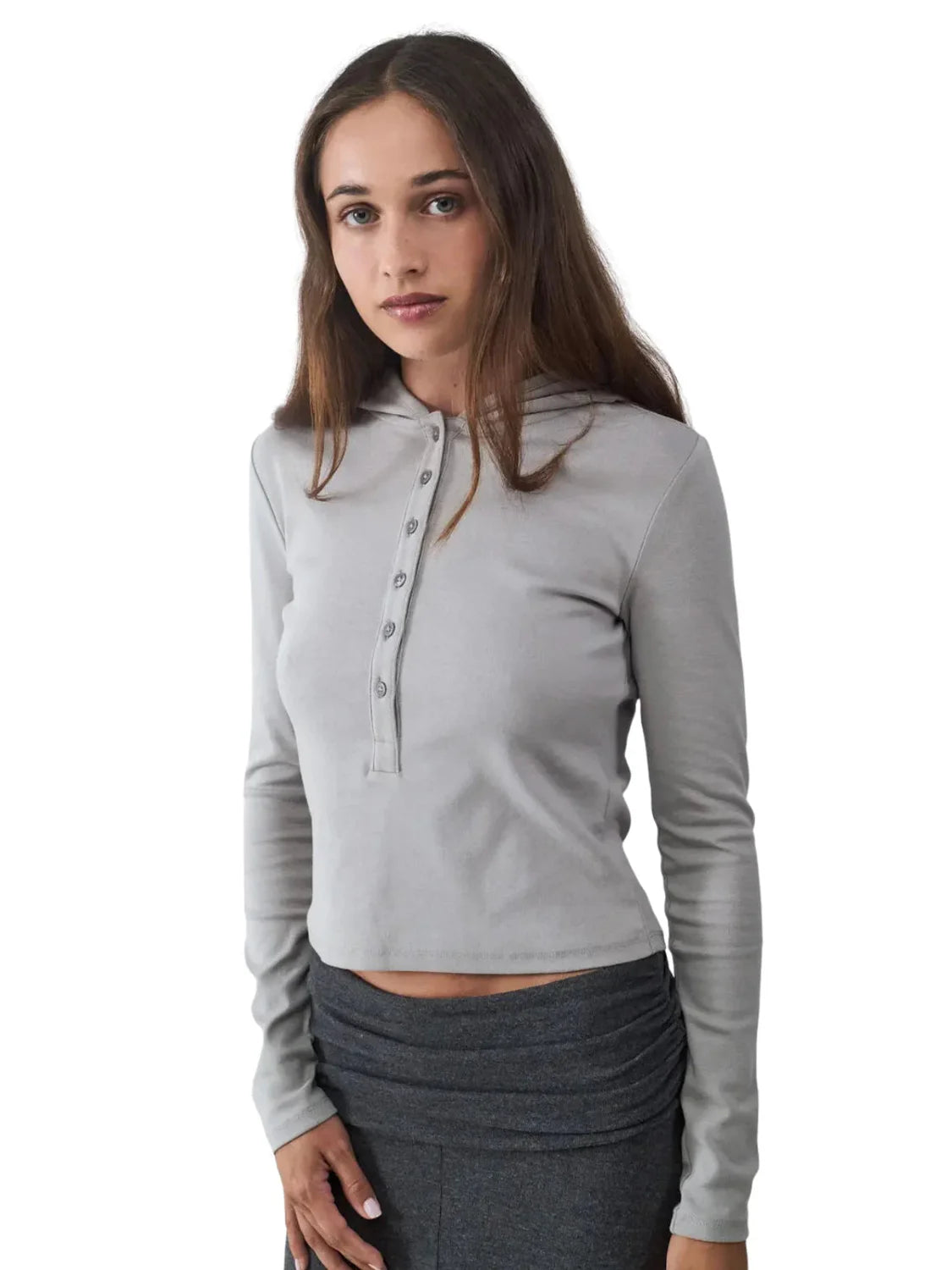 Sudadera Crop Capucha Botones BALMOHK Gris | Bicos de Fío
