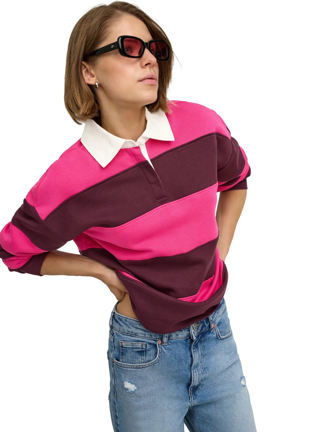Sudadera Polo ONLY Nara Rayas Rosa | Bicos de Fío