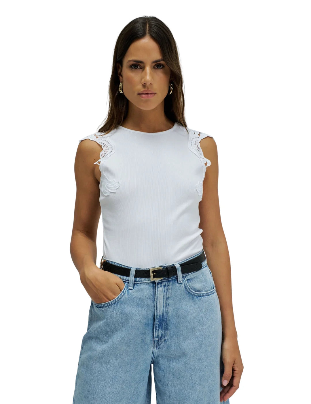 Top Encaje Hombro Salsa Jeans Blanco | Bicos de Fío