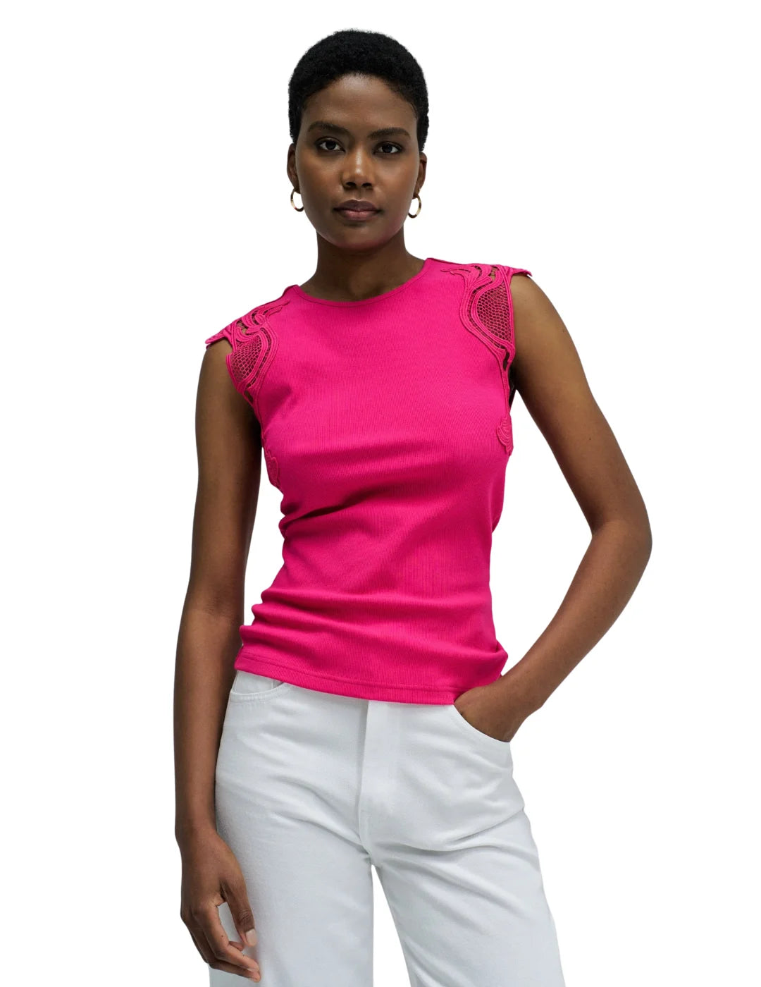 Top Encaje Hombro Salsa Jeans Fucsia | Bicos de Fío