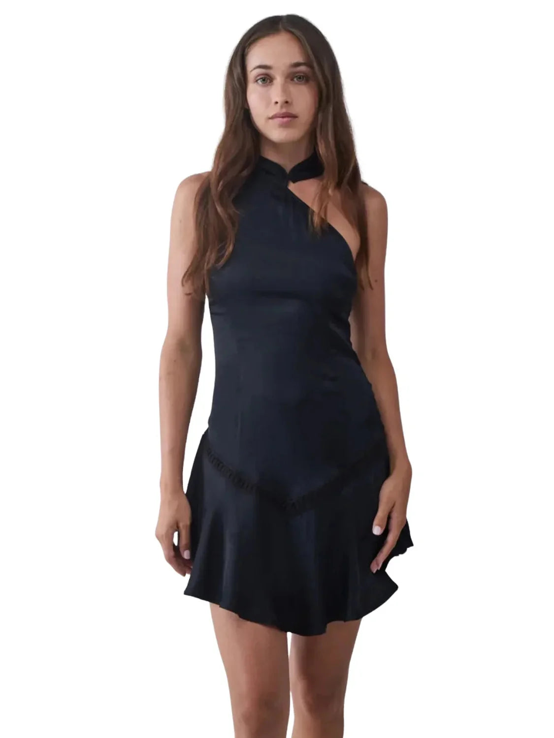 Vestido Mini Satinado BALMOHK Negro | Bicos de Fío