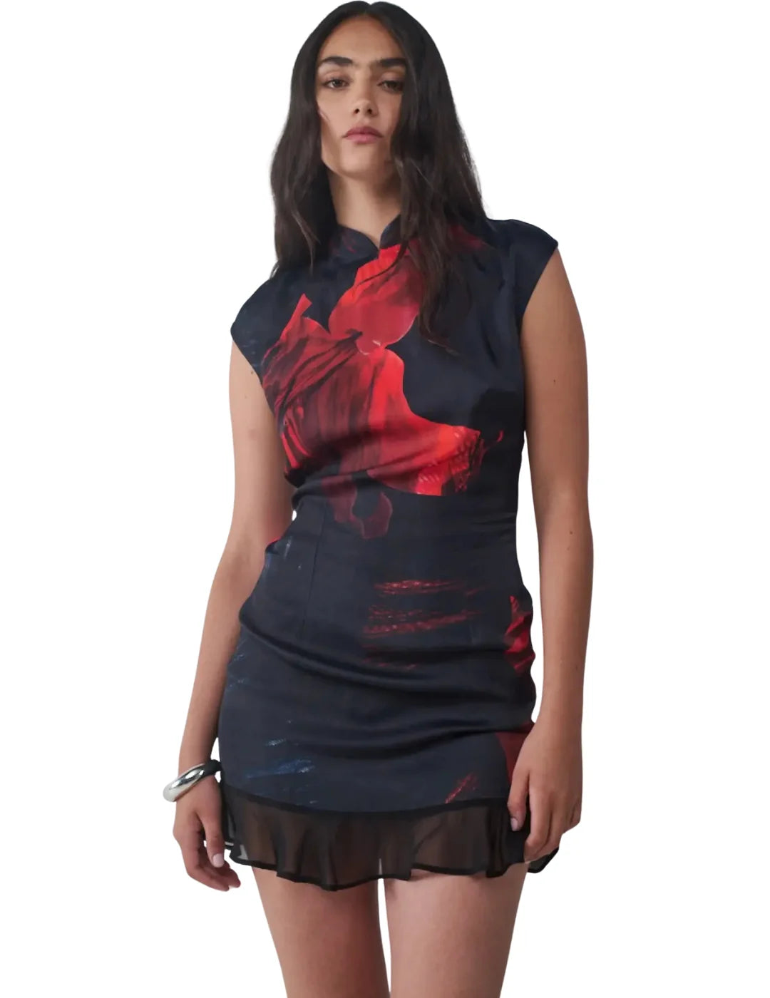 Vestido Corto Estampado Satén BALMOHK Negro | Bicos de Fío