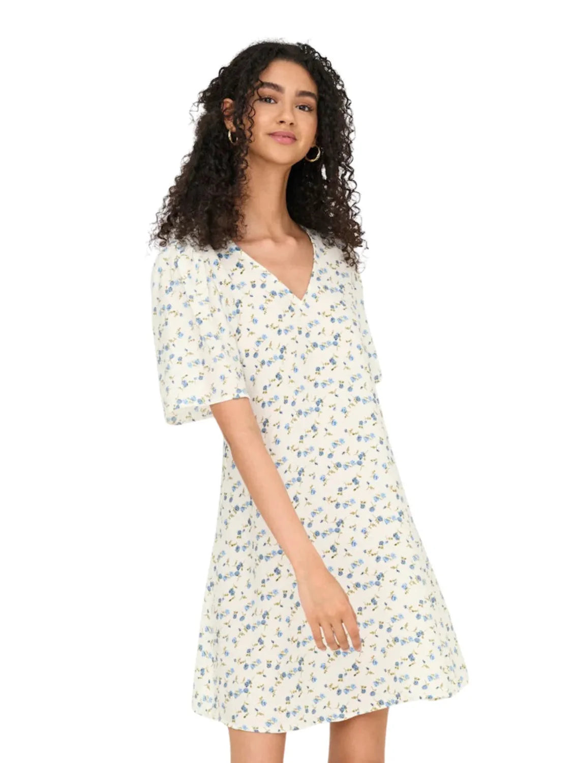 Vestido Corto JDY Carrie Blanco Flores Azules | Bicos de Fío