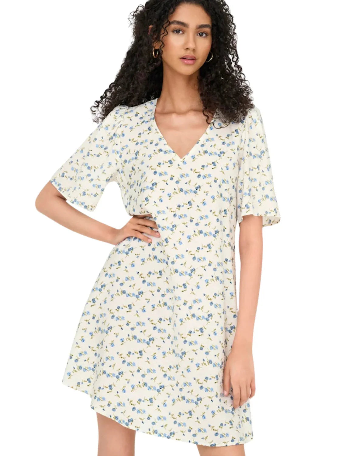 Vestido Corto JDY Carrie Blanco Flores Azules | Bicos de Fío