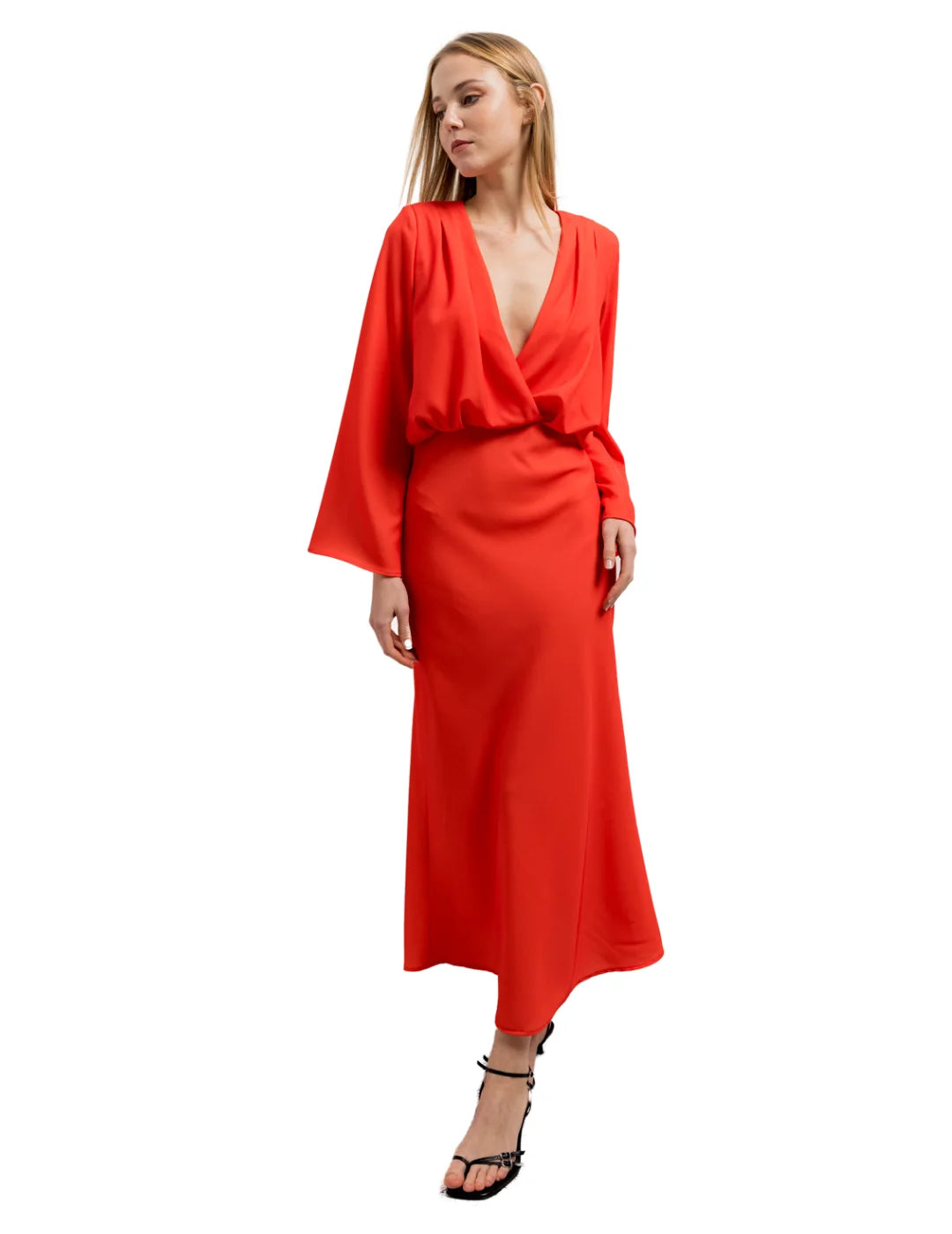 Vestido Midi Cruzado Manga Larga BdeF Rojo | Bicos de Fío