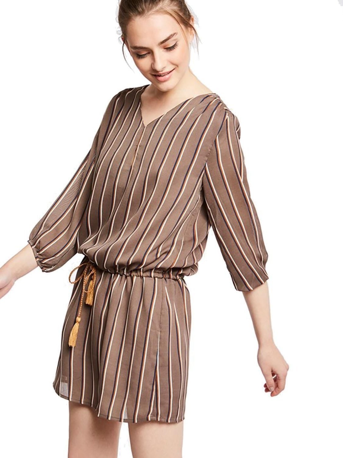 Vestido MEISIE Rayas Fruncido Marrón - Bicos de Fío