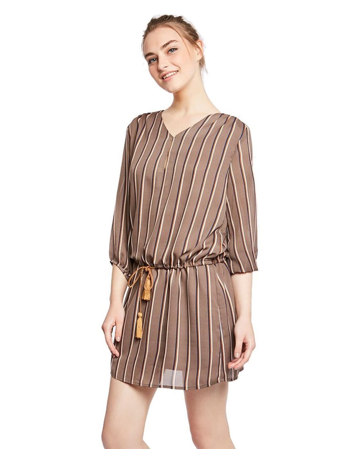 Vestido MEISIE Rayas Fruncido Marrón - Bicos de Fío