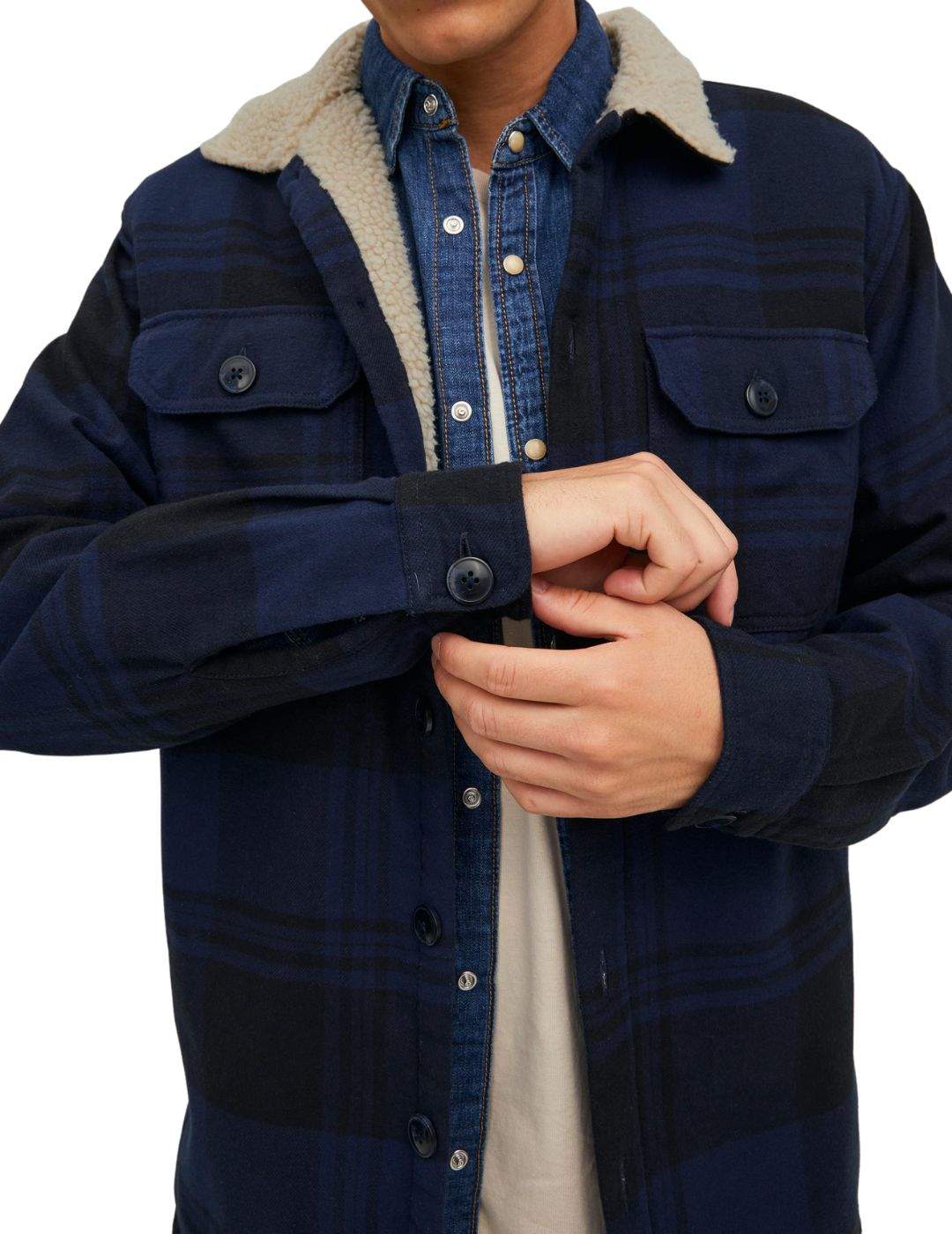 Sobrecamisa de cuadros con borreguillo Jack and Jones Azul - Bicos de Fío