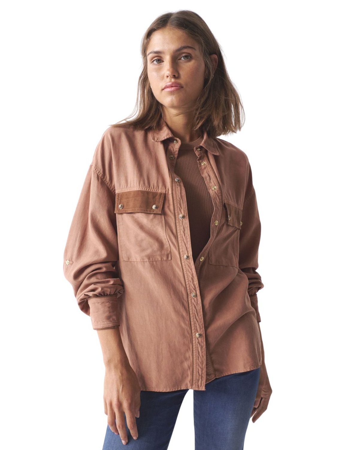 Camisa de lyocell con bolsillos de ante Salsa Rosa - Bicos de Fío