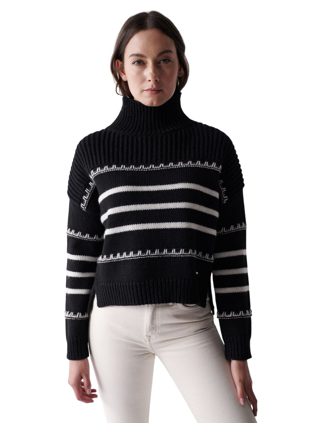 Jersey de punto de cuello alto Salsa Rayas Negro - Bicos de Fío