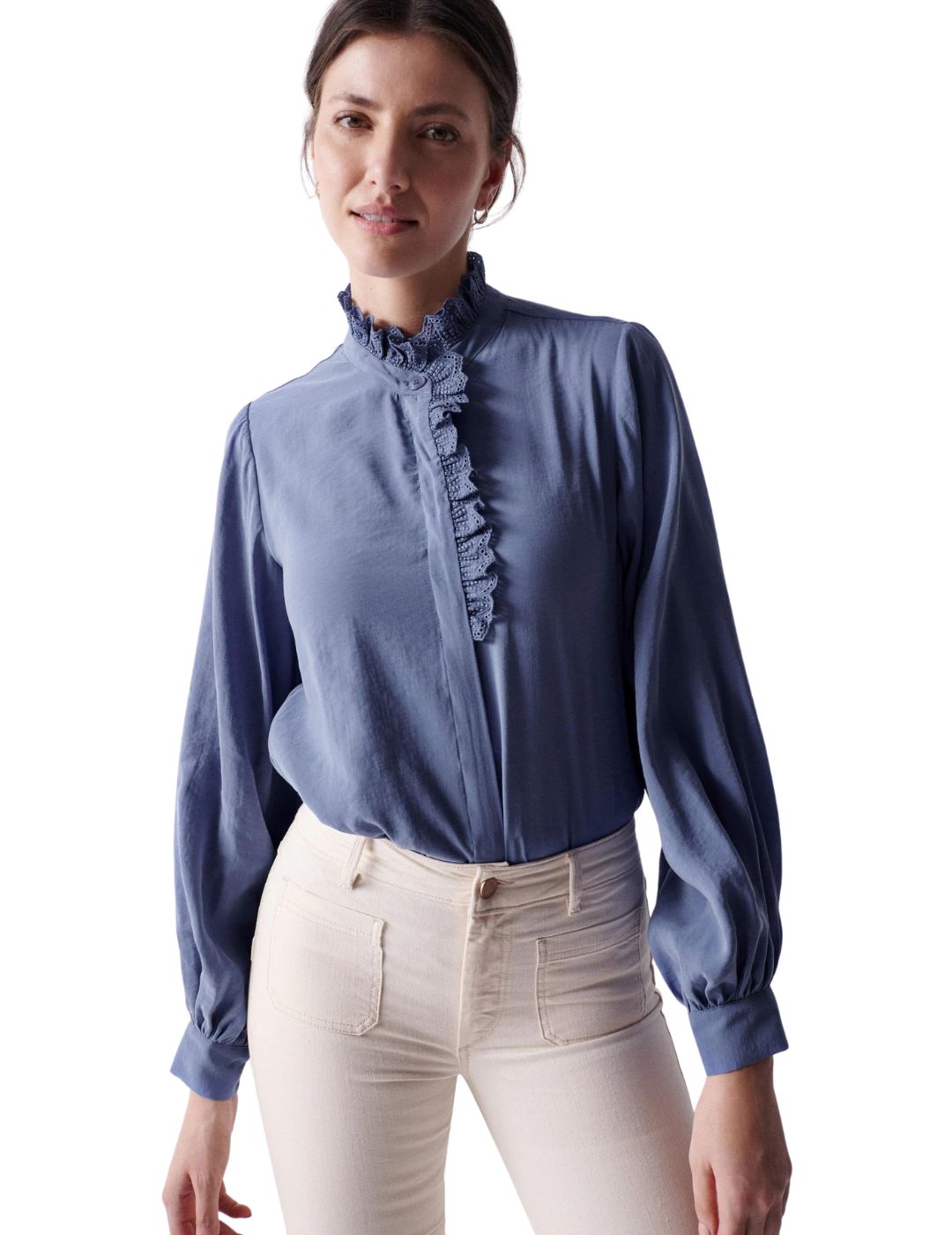 Camisa fluida con detalle en cuello Salsa Azul - Bicos de Fío