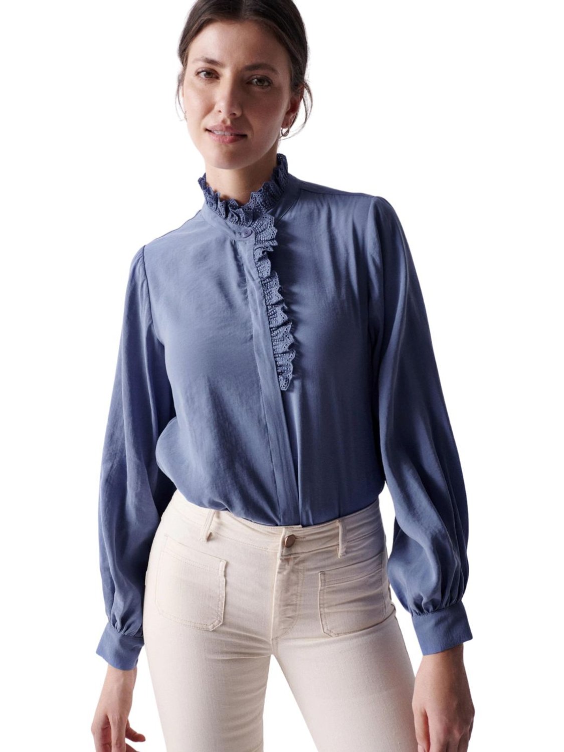 Camisa fluida con detalle en cuello Salsa Azul - Bicos de Fío