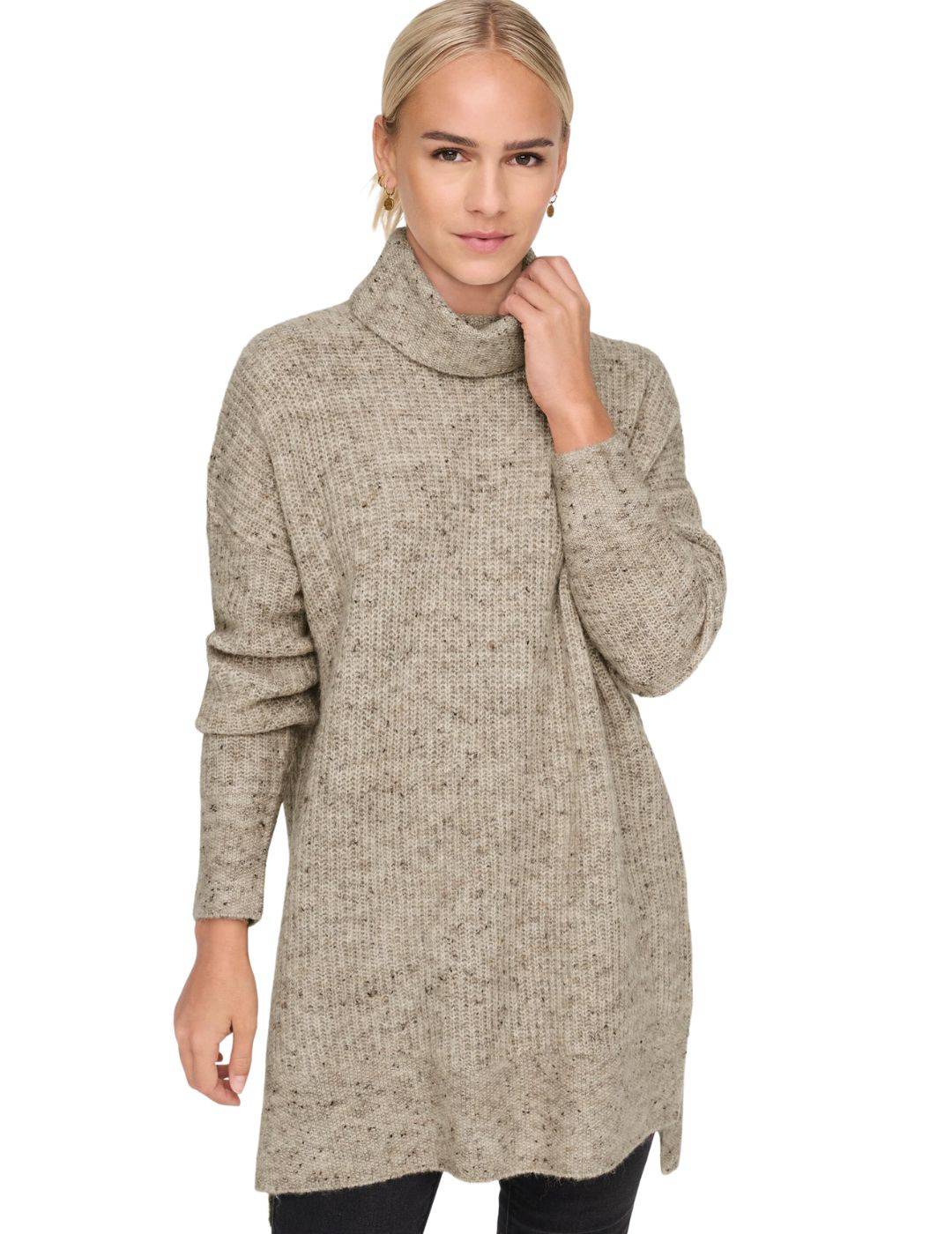 Jersey largo de cuello vuelto Only Veneda Beige - Bicos de Fío