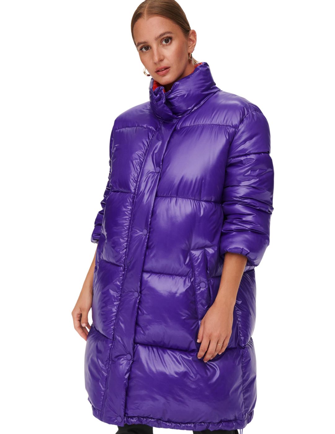 Chaqueta larga acolchada con cuello alto Only Sky Violeta - Bicos de Fío