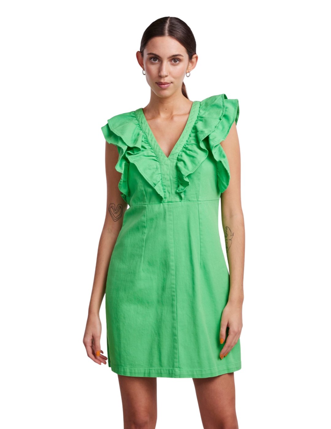 Vestido corto verde con volantes Pieces | Bicos de Fío
