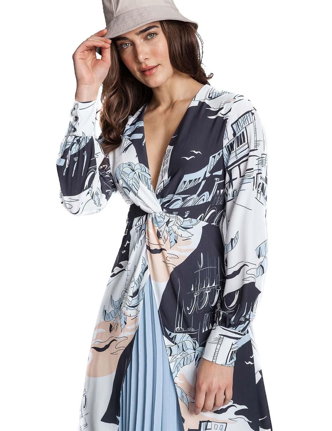 Vestido Lez a Lez Falda Superpuesta Estampado Azul - Bicos de Fío