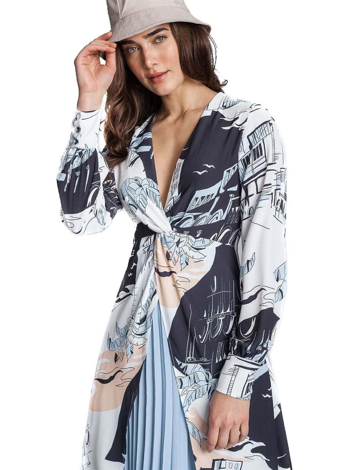 Vestido Lez a Lez Falda Superpuesta Estampado Azul - Bicos de Fío