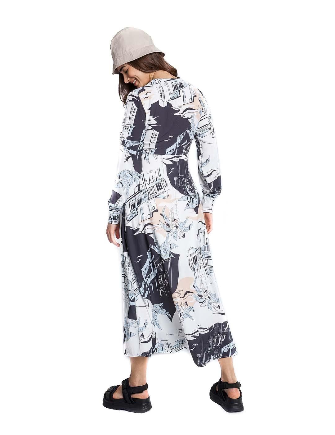 Vestido Lez a Lez Falda Superpuesta Estampado Azul - Bicos de Fío