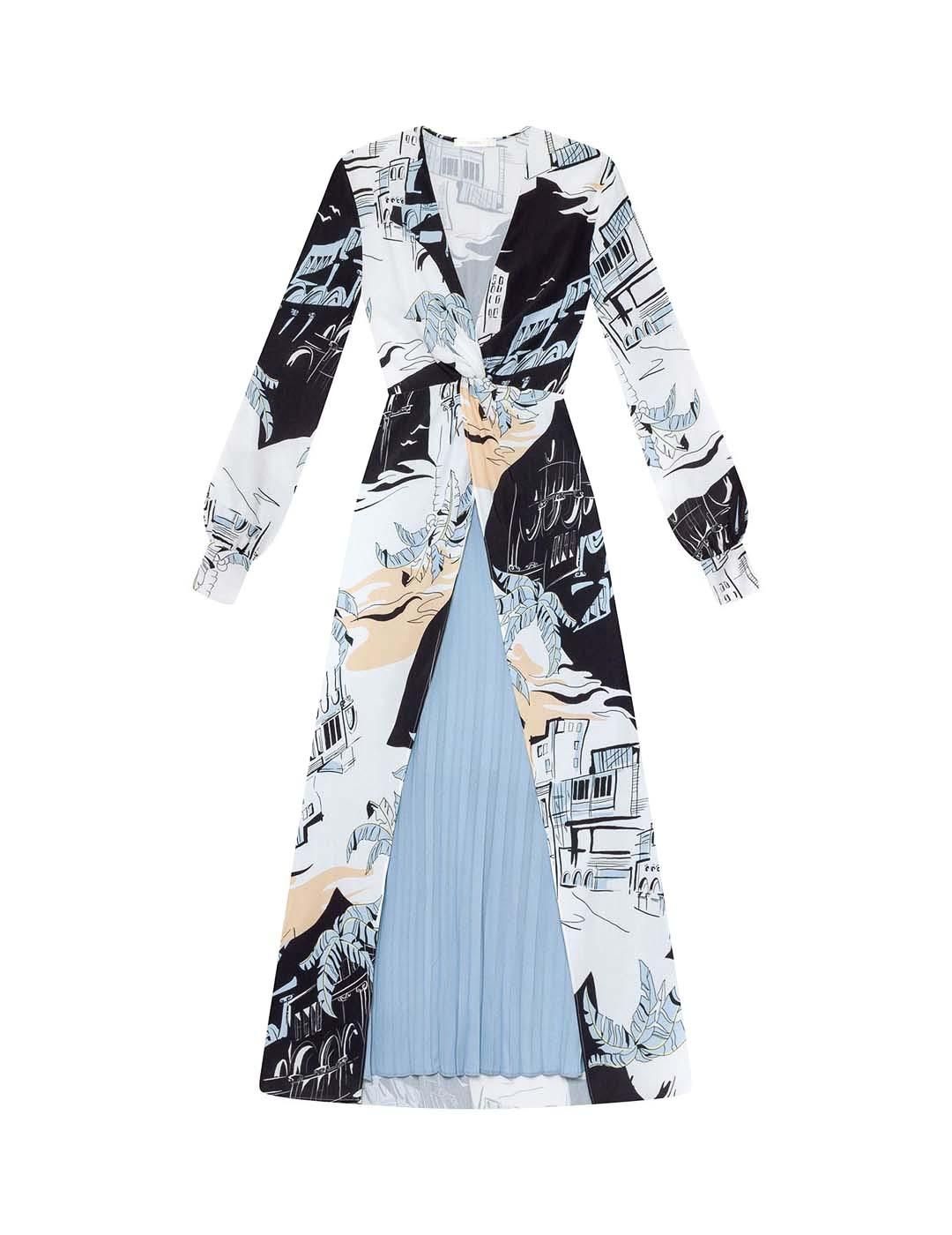 Vestido Lez a Lez Falda Superpuesta Estampado Azul - Bicos de Fío
