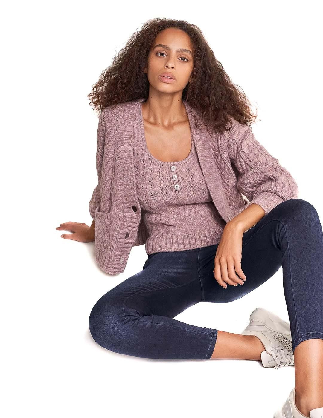 Top tricotado Salsa Jeans Botones Escote Rosa - Bicos de Fío