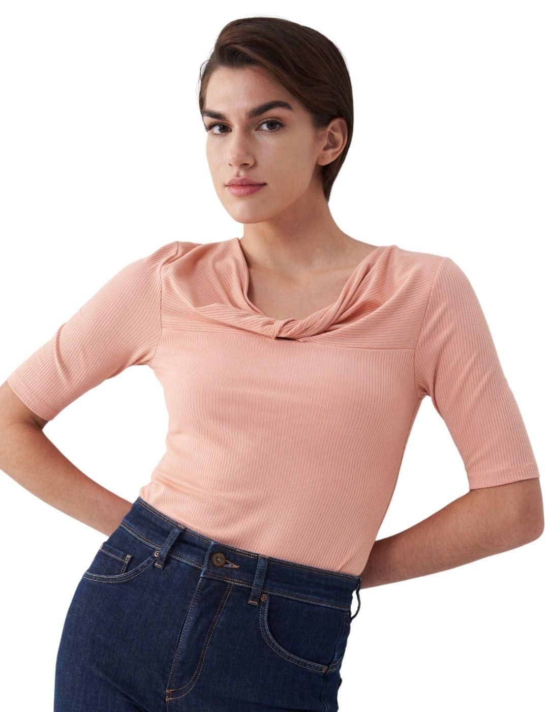 Camiseta con nudo en escote Salsa Jeans Rosa - Bicos de Fío