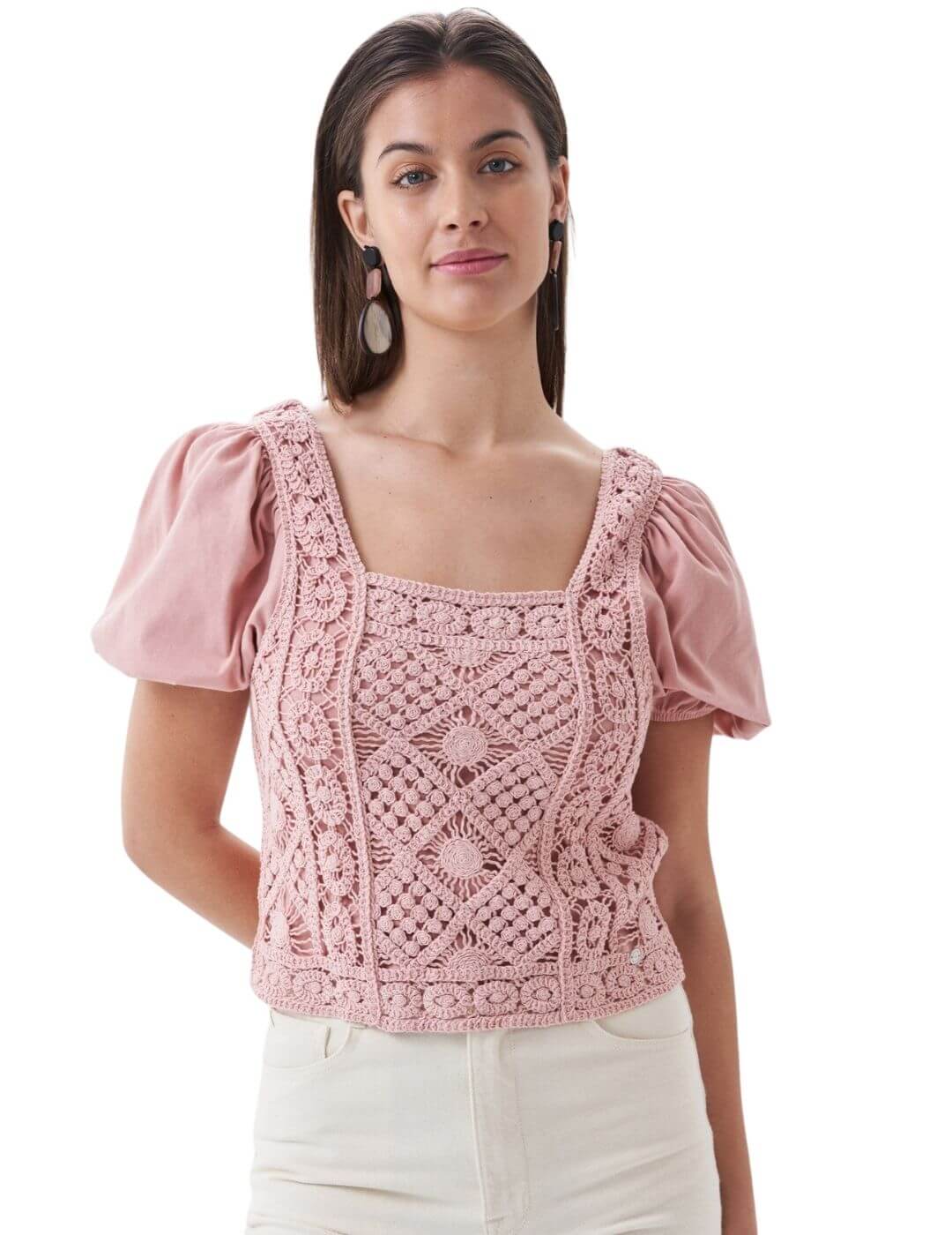 Camiseta bordada abullonada Salsa Jeans Rosa - Bicos de Fío
